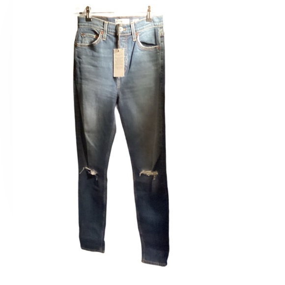 NWT RE/DONE High-Rise Cotton Distressed 5 pocket Dark Wash Skinny Leg Jeans 25 - Picture 3 of 5